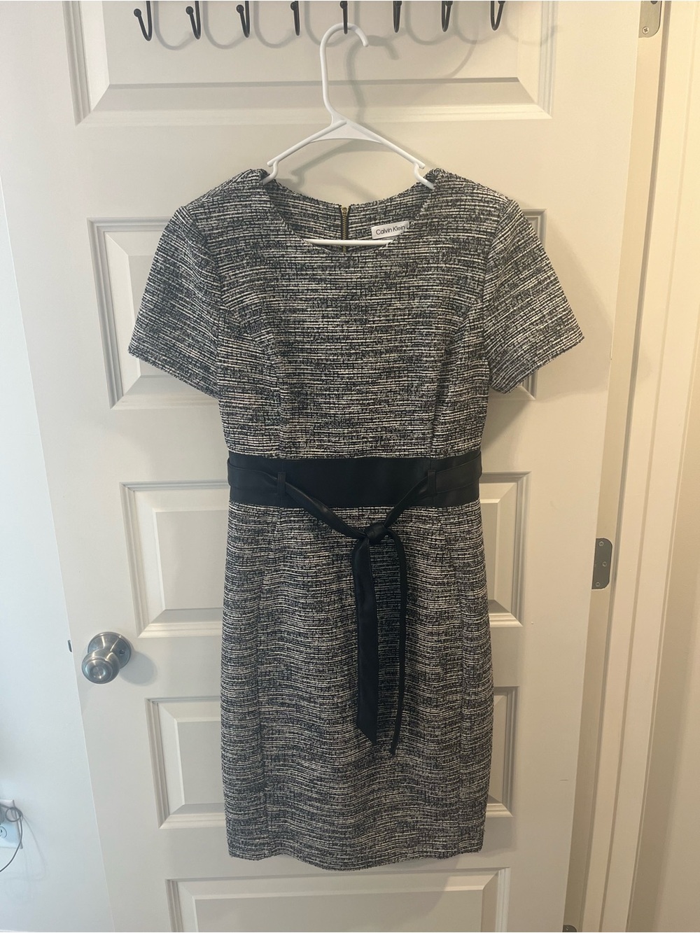 Calvin Klein Black and White Tweed Sheath Dress with Waist Sash